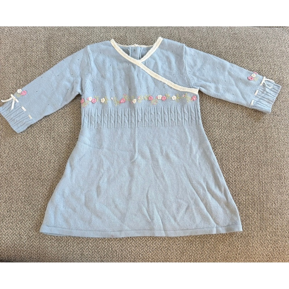 Vintage 2004 Baby Girls Blue Floral Embroidered Knit Sweater Dress 6-12M